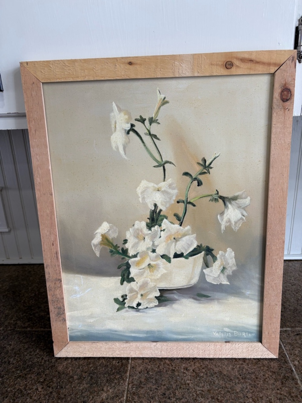Vintage Original Still Life White Petunias Floral Oil Painting